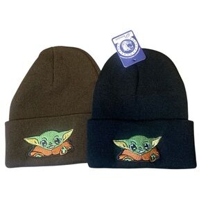 Men's Brown and Black Beanie Set with Green Character Yoda